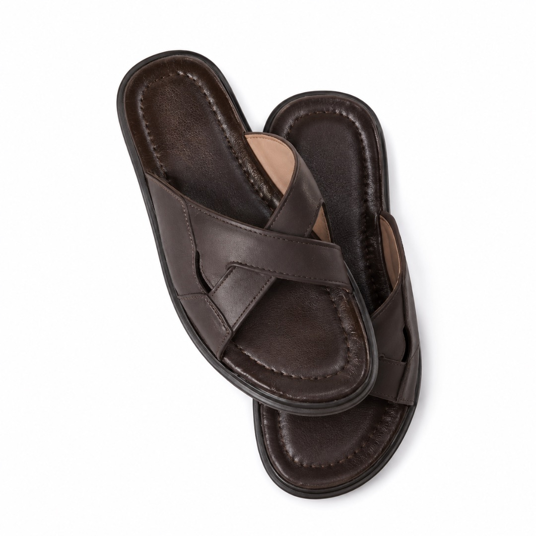Mens Dark Brown Leather Cross Strap Slides